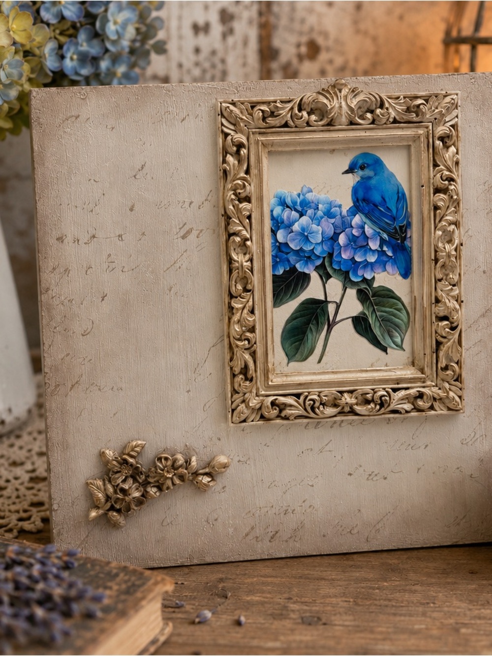 Vintage Inspired Bluebird & Hydrangea Wall Hanging